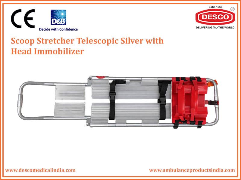 SCOOP STRETCHER TELESCOPIC SILVER WITH HEAD IMMOBILIZER